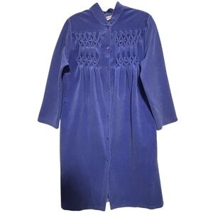 VTG Kayser Velour Periwinkle Smocked robe pearl snap front mock collar Med fairy